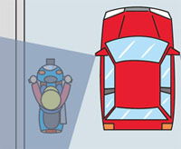 自動車の死角を示す図。死角に入って並走していると事故の危険性が高い。